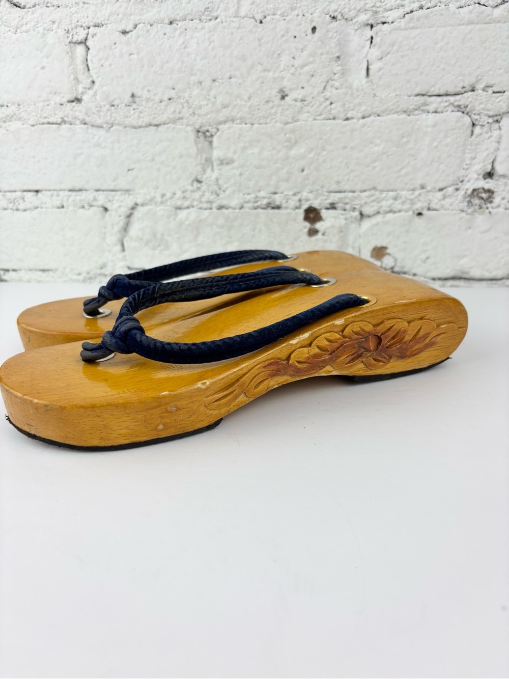 Vintage Wooden Floral Carved Sandals with Navy Straps 6